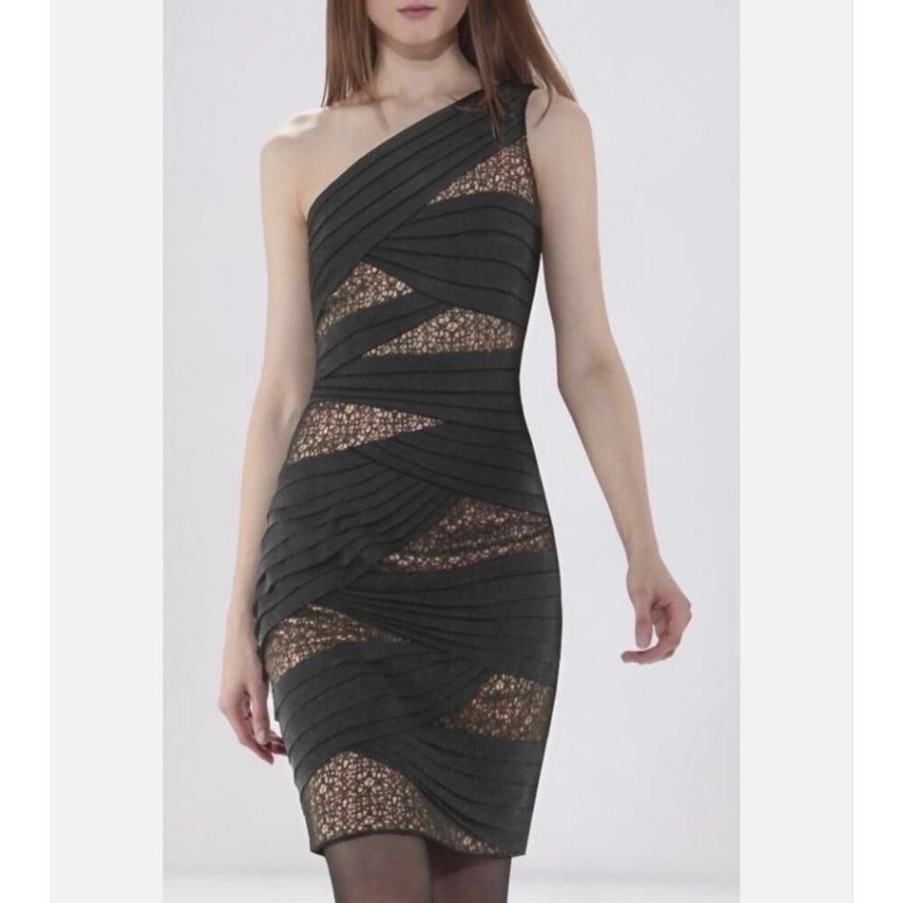 Tadashi Shoji One Shoulder Pleated Band and Lace Insets Cocktail Dress Size 8